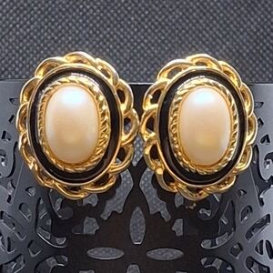 Elegant Vintage Gold-tone, Black Enamel, Earrings with Faux Pearls